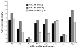 Figure 5: Compariing MAb and non-MAb titers expressed in CHO-KS and HEK293-FS transient transfections; following the respective protocols for transient transfections described for both cell hosts, respective culture supernatants were analyzed for antibody titers at the time points indicated.