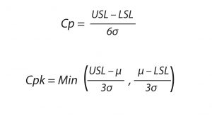 Equation 1: The process capability formula is used to determine the reproducibility and consistency of a biomanufacturing process. USL and LSL represents the upper and lower specification limits, respectively, for bioprocess output; σ represents the standard deviation of the process specification mean. 