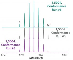 Figure 8: ESI-MS infusion assay results from three 1,500-L conformance lots for the succinylation process show very good reproducibility among them. Numbers on the peaks indicate the number of succinylated sites in each peak. 