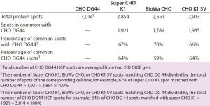 Table 3: Number of protein spots from CHO DG44, super CHO K1, BioWa CHO, and CHO K1 SV HCPs