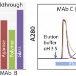 FIGURE 1: Dynamic binding capacity (for MAb A and B) and elution profile (for MAb C) of KanCapA compared with commercially available protein A resins; 5% breakthrough is determined at 6 min of residence time ( left ); 5 mg/mL-resin of IgG (VH3 subfamily) is loaded and elution is performed at pH 3.5. Strip solution is 1 M Acetic acid (right). 