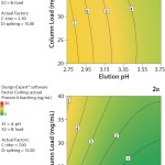 FIGURE 2: Contour plots for two load concentrations; protein A leaching is plotted against pH and absolute load (a) 2.5 g/L; (b) 7 g/L. 