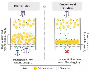 Figure 1: Filtration principle of dynamic body-feed filtration (DBF) with diatomaceous earth (DE) (left) and conventional filtration (right)