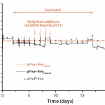 Figure 8: Measurement of pH by a single-use, optical pH sensor and a classical online and offline pH probes of a 50-L fed-batch CHO cell culture grown in a BIOSTAT STR 50 bioreactor; the single-use pH sensor was recalibrated daily.