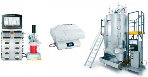 Photo 1: Different scales of single-use bioreactors with integrated, single-use pH and DO sensors; (left to right) UniVessel SU, BIOSTAT RM 20, and BIOSTAT STR 2000 systems from Sartorius Stedim Biotech