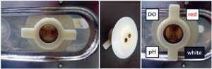 Photo 2: Sensor fitted to stirred, single-use bioreactor with sensor port in “closed” (left) airprotected position and “open” position (right) for cell culture use