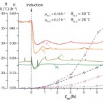 Figure 1: Comparison of two protein production phases with different factor settings 1 and 2; Sk = fluorescence signal of internal soluble (k = sol) and insoluble (k = IB) protein fraction; θ = cultivation temperature; μ = online observed cell specific growth rate