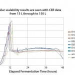 Figure 2: CER profiles of recombinant E. coli fermentation in the ambr250 bioreactor system, 15-L and 150-L fermentors