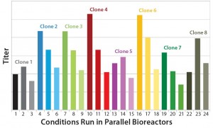 Figure 1: Effect of three different feed strategies on expression titers of eight different MAb-expressing CHO-S clones 