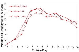 Figure 3:  Growth and titer profile of Clone C, a CHO-S cell line cultured in the stirred microscale bioreactor system and in 5-L and 250-L bioreactors 