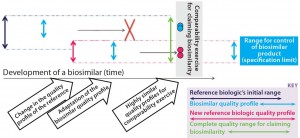 Figure 2b: In our proposed biosimilar development approach for tackling quality shifts, the “initial originator quality range” (that of the reference biologic) is in dark blue. The range of the biosimilar’s quality profile is in light blue. Clearly, the latter profile fits within the limits of the former. Then in pink, the quality profile of the reference biologic has changed. That new quality profile is adopted by the biosimilar, and a comparability exercise is carried out based on these highly similar quality profiles. The new allowable quality range (quality profile) for the biosimilar is limited by the reference biologic’s new quality profile