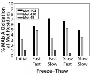 Figure 3 (Case Study 1): Summary results of %oxidation at methionine (Met) residues following two actively controlled freeze–thaw cycles for MAb-A; refer to Figure 2 for study setup and sample description.  