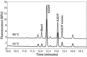 Figure 2: Overlay of MAb glycan profiles labeled at 55 °C and 80 °C  