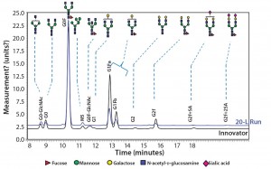 Figure 10: Comparing N-glycans released from the innovator product (black) and Cook Pharmica’s 20-L run (blue) 