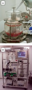 Figure 1 (a) Early stage harvesting relied on open manipulation in a laminar hood; (b) automatic harvest system performs an entire harvest process in a controlled environment.