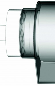 Figure 2: Movement transmission system; the rotating drive disc on the left is enclosed within the control unit (not shown) and conveys rotational movement to the driven structure by a mechanical coupling through an intercalated flexible membrane integral with the culture chamber (gray). 