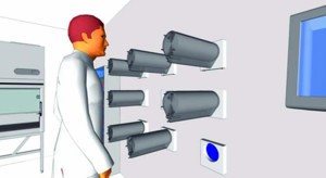 Figure 3: Multireactor unit operated from within a cell-culture laboratory with mechanical elements (control units) segregated outside the room and separated by flexible membranes (blue) intercalated within the wall. Control unit maintenance occurs outside the cell-culture laboratory.