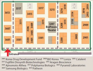 Figure 1: This map of the BioProcess Zone in the exhibition hall at the 2015 BIO International Convention, with the largest booths identified as landmarks, shows the location of the BioProcess Theater. Search exhibitors online www.mapyourshow.com/shows/index.cfm?show_ id=bio15&norepeat=true