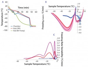 Figure 1: (a) Temperature profiles and sample freezing rates during cryopreservation in a Mr. Frosty or a controlled-rate freezer (CRF); (b) comparison of the freezing rates measured in both devices; blue represents the vials in the CRF, red and purple indicate vials in the inner and outer wells of the alcohol container respectively. The envelopes are standard deviations of the measurements, showing both the range and variability of the measurements. 