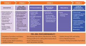 Figure 1: Side-by-side comparison; ADCC = antibody-dependent cell-mediated cytotoxicity, EPC = end-of-production cells, MCB = master cell bank, PK/PD = pharmacokinetcs/pharmacodynamics, PTMs = posttranslational modifications, WCB = working cell bank 