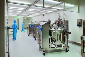 Workers in a compounding room at the new Sandoz facility 