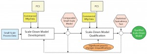 Figure 1: Approach for developing and qualifying scale-down models for large-scale processes (adapted from an internal company document); PCS = process control strategy. 