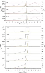 Figure 5: ENrich Q AEX chromatography scouting; a buffer blending module was used to generate the pH scouting runs using Tris buffer at pH 7.5, 8.0, and 8.5 for the ENrich Q column scouting. Tighter GFPsf binding is demonstrated by the increasing amounts of salt required to elute the protein as pH increases further from the theoretical protein pI of 6.2 (top). Using pH 8.0 from the pH scouting, the linear gradient %B endpoint was scouted against, starting at 20%B and increasing to 70%B in increments of 10%B. A GFPsf peak shift to the linear gradient begins at 50% and reaches completion by 70%B (bottom). 