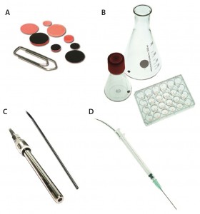 Figure 2: (a) chemical optical sensor spots for oxygen measurement (SP-PSt3 units), (b) disposable and reusable shake flask and multidish with integrated sensors (SFS and OxoDish units), (c) dipping probes (OIM and DP units), and (d) needle-type housed microsensor (NTH unit) 