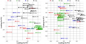 Figure 2: Principal-component loadings plot of (left) PC1 against PC2 and (right) PC2 against PC3; colors indicate variable type — CHE (red), physiochemical data (green), free amino acids (FAA, blue); molecular weight distribution (SIZ, blue), and total amino acid (TAA, black) 