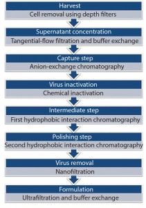 Figure 2: Downstream process of rh-FSH production highlighting individual purification steps successively through to formulation of concentrated API