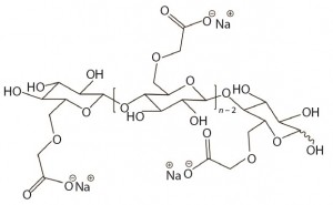 Figure 1: Idealized possible unit structure of sodium carboxymethylcellulose (CMC) with a DS of 1.0; the DS would be 3.0 if all three hydroxyl groups on anhydroglucose unit were substituted. A DS of 3.0 is the theoretical maximum for CMC.