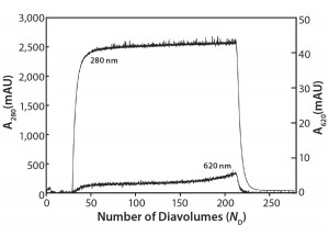 Figure 3: Ambercrom CG161M flow-through chromatography of a MAb at 10 g/L containing 0.5 g/L Cibacron blue dye 