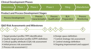 Figure 1: The quality by design (QbD) approach aligns with product and process development stages and clinical development phases. QbD provides milestones and assessments to facilitate product development and ensure quality. (BLA = biologics license application)